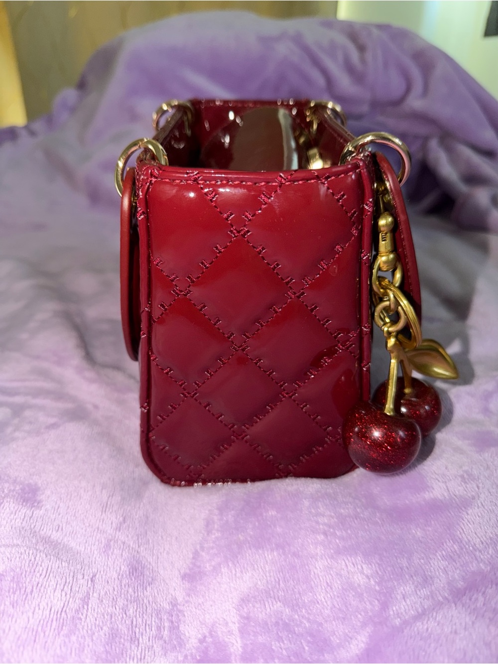Glossy Red Patent Quilted Mini Tote with Cherry Charm - Picture 3 of 5